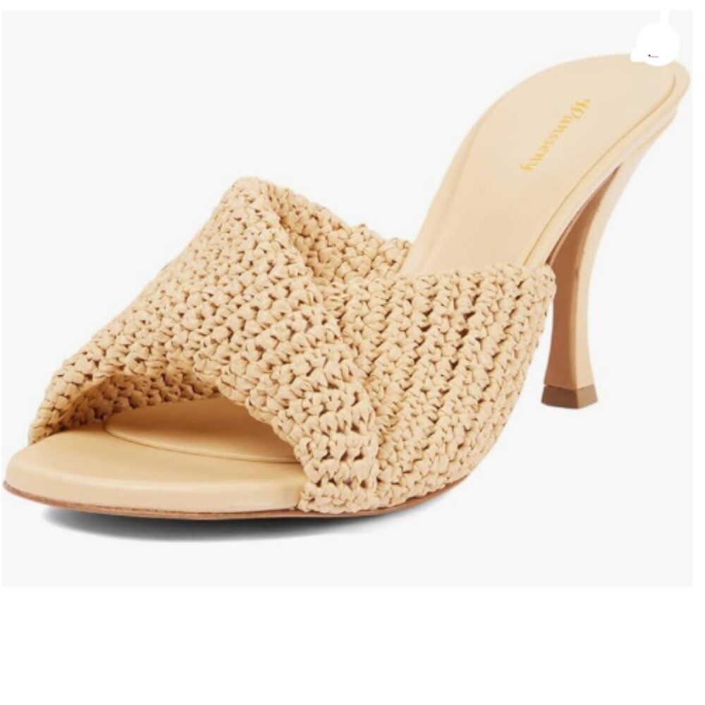 Wansseny Apricot Braided Open Toe Mules Slip on High Heel Backless Slide Sandals